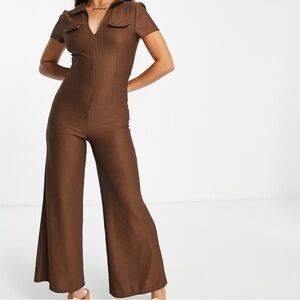 ASOS DESIGN Petite collar zip front 70s ribbed jumpsuit in brown